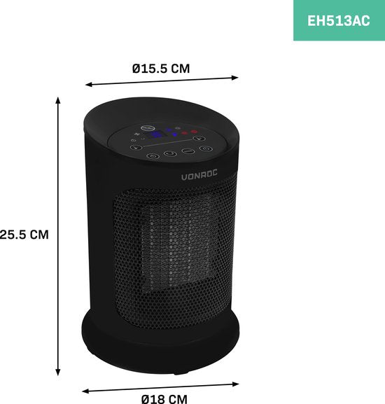 VONROC Elektrische kachel - ventilatorkachel - 1200W/1800W - keramisch - 3 standen - thermostaat - timer - LED-scherm - zwenkfunctie – incl. afstandsbediening - 20m2
