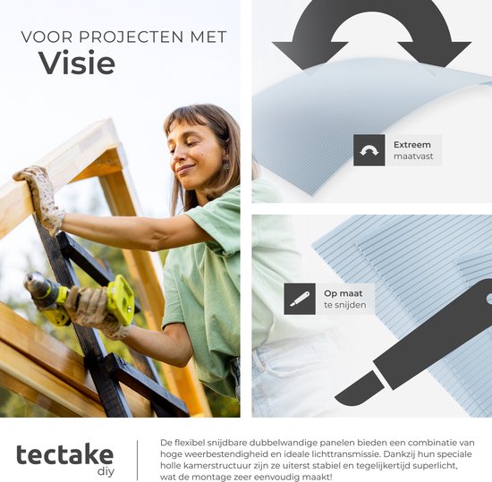tectake® - Set van 10 Polycarbonaat Platen - Stevige lichtdoorlatende, UV-Bestendige dubbelwandige platen - 121 x 60,5 cm - 7,32m² totaal - Transparant - Broeikas plaat - 4 mm dik