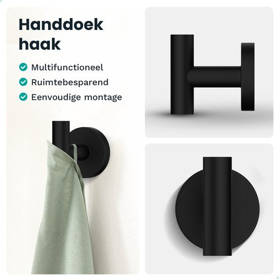 Mirlux Badkameraccessoireset - Toiletborstel met houder - Toiletrolhouder - Wc Rolhouder zonder boren - Handdoekhaakjes Zelfklevend - Reserverolhouder - Toiletborstelhouder - Zwart