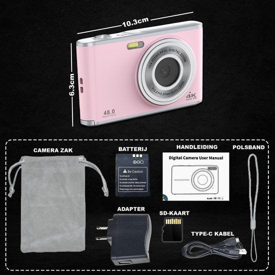 K&L Digitale Camera 4K - Fototoestel - Fotocamera - Compact Camera - Vlog Camera - Voor Kinderen - Inclusief 64GB - NL Software - Roze