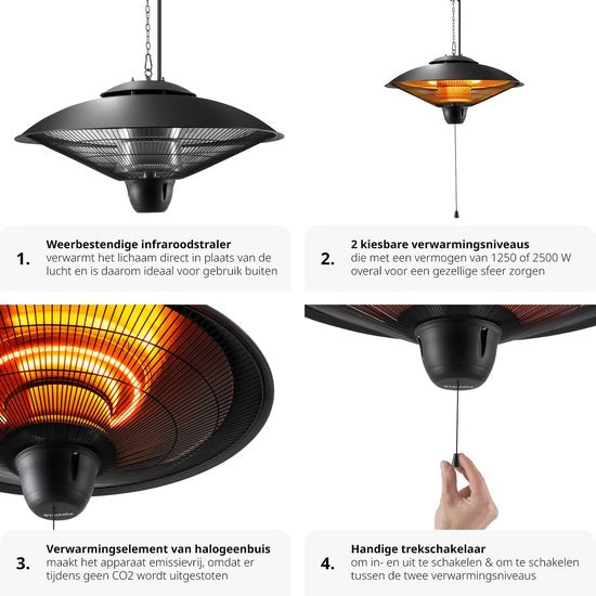tectake® - Hangende infraroodstraler - plafondverwarmer - infraroodstraler voor buiten en binnen - elektrische verwarming - plafondverwarmer voor terras