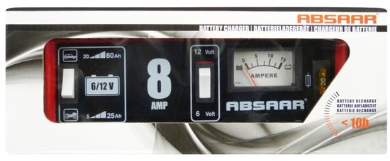 Absaar Acculader 6/12V 8A - voor auto en motorfiets - metalen behuizing