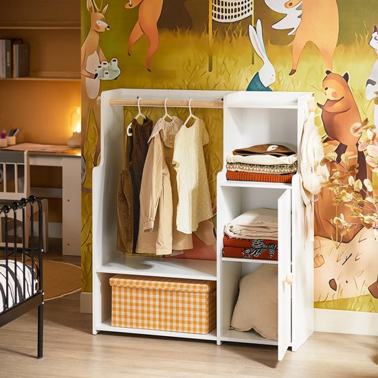 SoBuy Kinderkledingrek, Kledingkast met 2 Vakken en 1 Deur, Opbergoplossing voor Kinderkamer, Wit, 94x35x110 cm, KMB110-W
