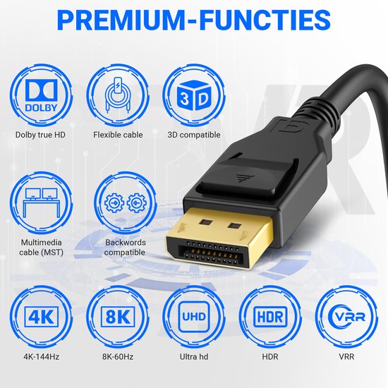 DisplayPort Kabel 1.4 - male to male - 8K 60Hz - 4K 144Hz - DP kabel - 5 meter