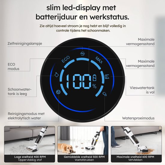 Saaf Vloerreiniger M200 - 50 min Accu - Elektrische Dweil - Steelstofzuiger met Dweilfunctie - Display & Reinigingsstation - Watersterilisatie - Wit