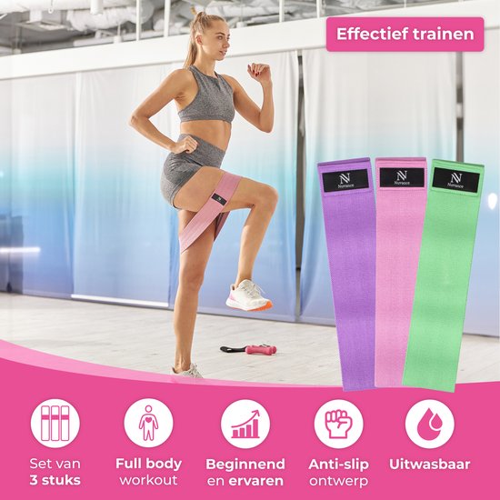 Nuvance - Weerstandsbanden Set Inclusief Draagtas - 3 Delige Set - Resistance Band - Fitness Elastiek - eBook met extra oefeningen - Groen Roze en Paars