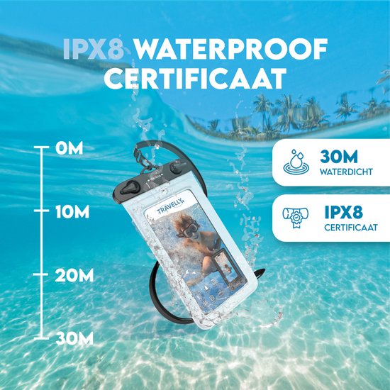 Travelly® Waterdicht Telefoonhoesje Set van 2 – Universeel Onderwater Hoesje voor Smartphone – Geschikt voor alle telefoons – Drybag – Voor Vakantie, Zwemmen & Watersport – Transparant/Wit
