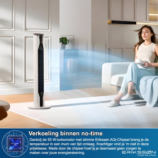 Erikssøn Torenventilator - Silent Comfort Series - Staande Ventilator met Afstandsbediening - Timer - 55W - 39 dB - 106cm - Wit