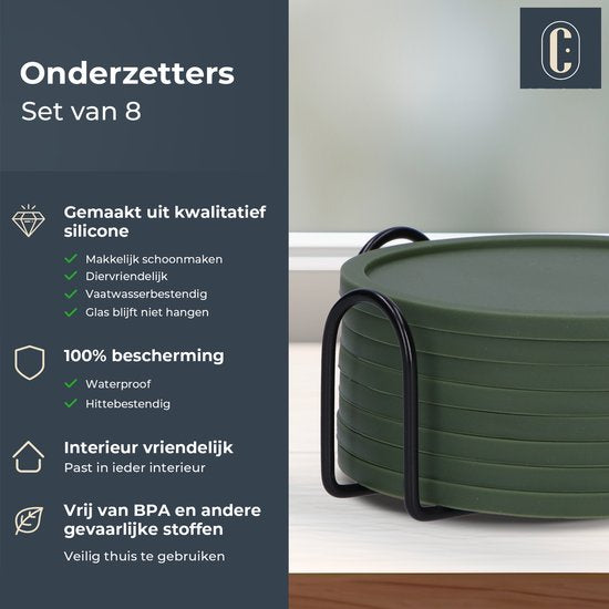 Castagnola Siliconen Onderzetters – Onderzetters voor Glazen – Design Onderzetters met Houder – Onderzettersset – Anti Slip - Set van 8 – Groen