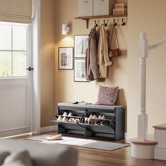 SoBuy Schoenenbank met Gevoerd Kussen - Schoenenkast met 2 Kleppen - Opbergkast voor schoenen - Zwart, 100x26x46 cm, FSR98-XL-SCH