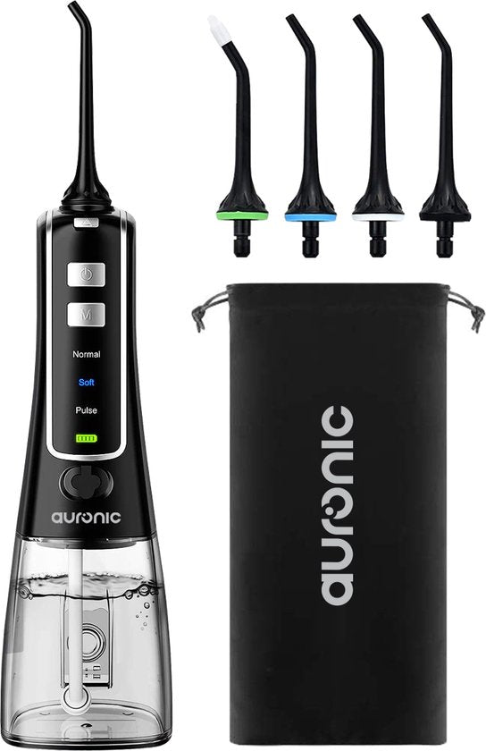 Auronic Waterflosser - Monddouche Elektrisch - 3 Standen - Draadloos en Oplaadbaar - 300 ml - 4 Opzetstukjes - Zwart