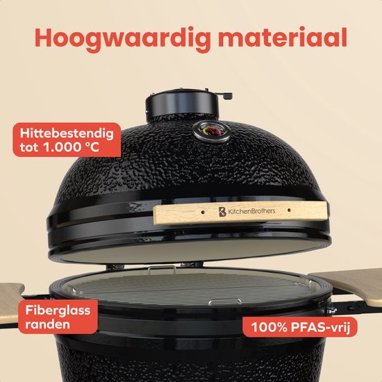 KitchenBrothers Kamado BBQ - 21 Inch Houtskool Barbecue - PFAS-Vrij - 45⌀ cm - Complete Set - Egg BBQ met Accessoires inclusief Hoes - Zwart