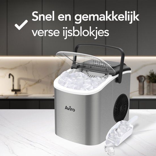 Aviro IJsblokjesmachine - 1,3L - Met IJsschep - Zelfreinigingsfunctie - 12KG / 24U - 9 Blokjes / 6 Min - Zilver