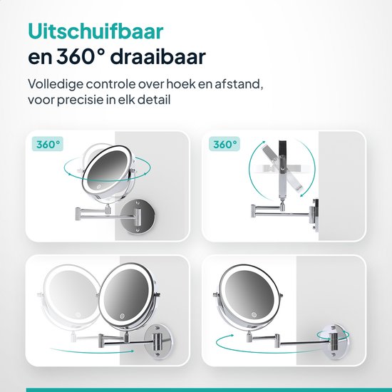Mirlux Make-upspiegel met LED-verlichting - Oplaadbaar - 5x Vergroting - Vergrotende spiegel met licht - Scheerspiegel - Badkamerspiegel - Chroom