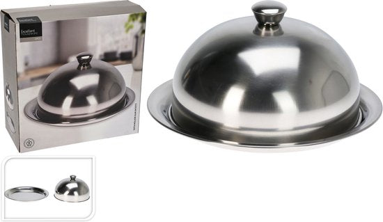 Excellent Houseware serveerschaal stolp met dienblad - zilver - rvs - D25 x H12 cm - voedsel serveren - met deksel