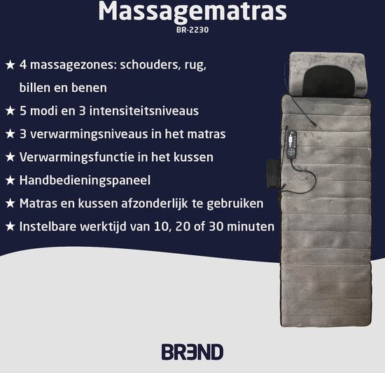 BREND Elektrische Massagemat & Kussen – Massagematras met Warmte - 5 Vibratiestanden & 3 Intensiteiten – 170X55 CM – Grijs - BR-2230
