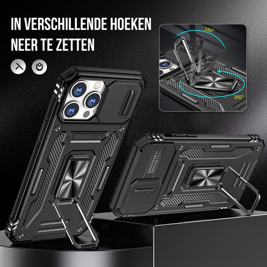 Podec Hoesje geschikt voor iPhone 12 Pro Zwart Telefoonhoesje - Anti-Shock Case Cover Hybrid Armor Hoes met Kickstand Ring met Screenprotector
