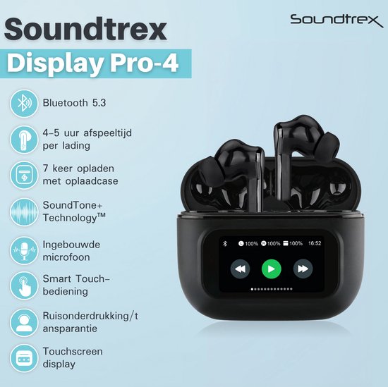 Soundtrex Display Draadloze Oordopjes - Bluetooth Oordopjes – Oortjes draadloos - Active Noise Cancelling - LED Display - Bluetooth 5.3 – Zwart