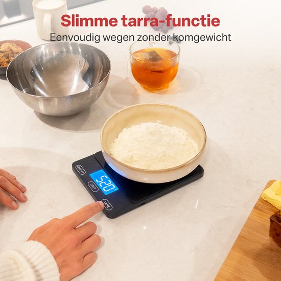 AoraKitchen Keukenweegschaal Digitaal - Usb Oplaadbaar - 1g tot 15kg - Precisie Weegschaal - Tarra