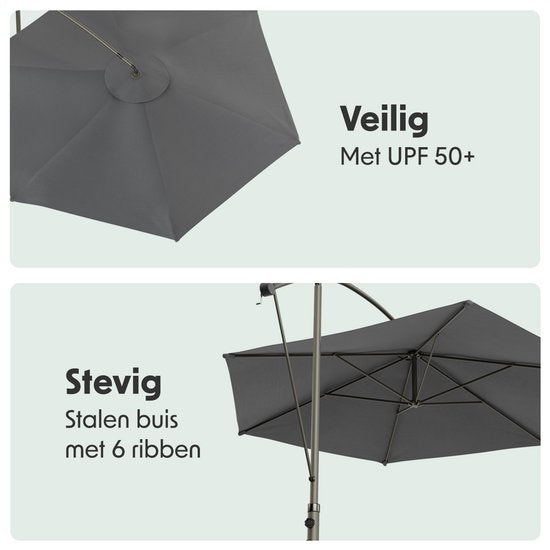 LifeGoods Zweefparasol - tot 8 Personen - Ø300cm - Waterdicht - met Hoes en Kruisvoet - Tuin - Donkergrijs