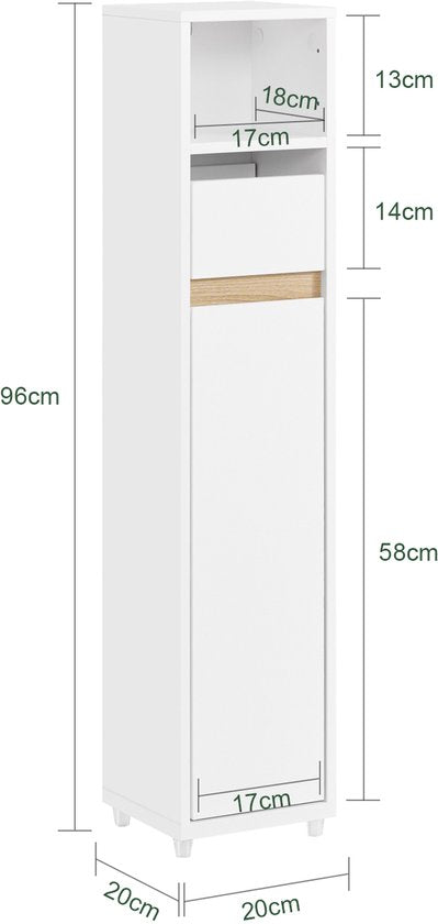 SoBuy BZR151-W Badkamermeubel voor smalle ruimtes, compacte opbergkast met verstelbare plank en lade, voor badkamer, toiletkast van hout, wit, 20 x 20 x 96 cm