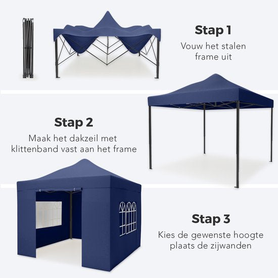 LifeGoods Partytent - Paviljoen - EasyUp - Opvouwbaar - 4 Zijwanden - Waterdicht - Met Draagtas met wieltjes - 3x3 Meter - Donkerblauw
