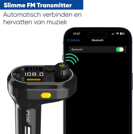 Serve Bluetooth Receiver Auto - FM Transmitter - 25W Supersnel Opladen - Carkit - Autolader USB-C Snellader