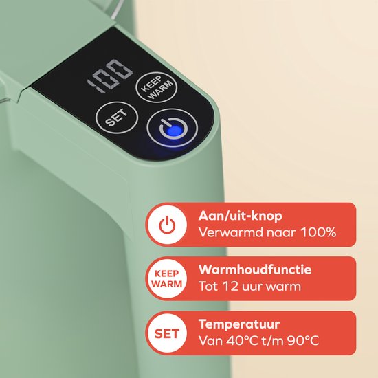 KitchenBrothers Waterkoker - 1.7L - Met Temperatuurregeling - Elektrisch - Warmhoudfunctie - Display - Dubbelwandig - Cool-touch - 2200W - Pastelgroen