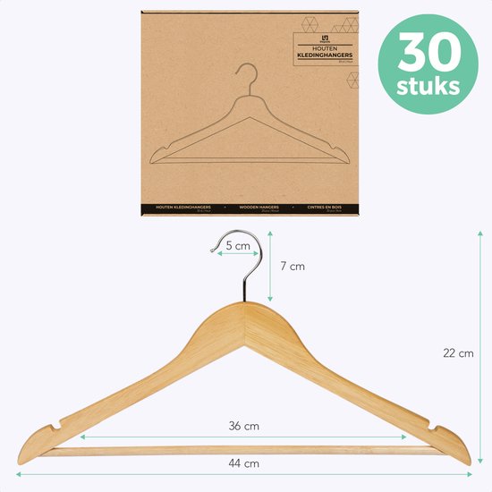 LifeGoods Kledinghangers - Met Broeklat - Hardhout - Natural - 30 Stuks