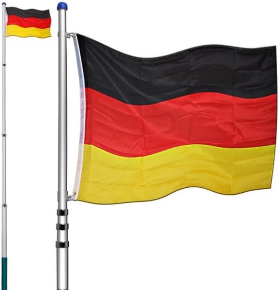 Telescopische vlaggenmast aluminium incl Duitse vlag 630cm zwart rood goud zilver