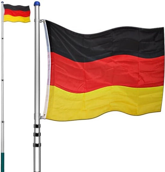 Telescopische vlaggenmast aluminium incl Duitse vlag 630cm zwart rood goud zilver
