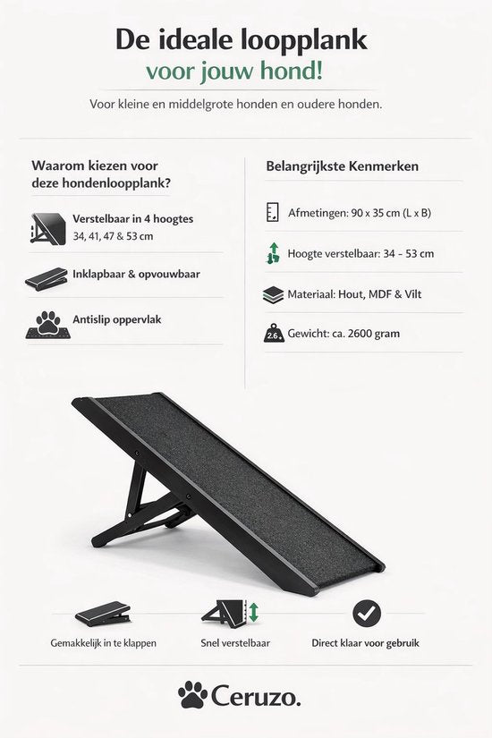 Ceruzo Hondenloopplank Verstelbaar – Inklapbaar – Instelbare Hoogte 34-53 cm – Hondentrap – Zwart