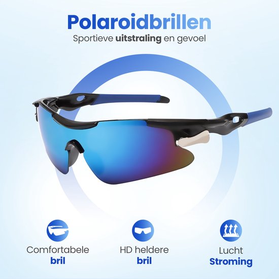 Garpex® Fietsbril - Sportbril - Zonnebril Heren - Wielrennen - Motor - Zwart Frame met Blauwe Lens