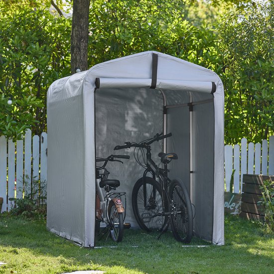 SoBuy Tuinschuur, Multifunctionele tuinhuis voor Fiets en Gereedschap, Fietsschuur, Waterdichte Garage voor buiten, Zilver, 120x176x163 cm, KLS11-K