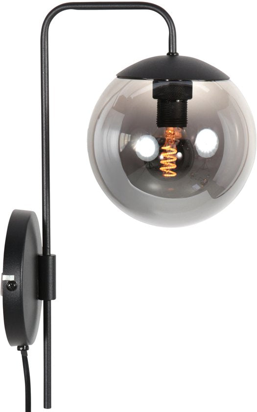 Wandlamp Bollique 4609ZW zwarte metalen wandlamp met smoke glas, E14 fitting, trendy stijl - Steinhauer