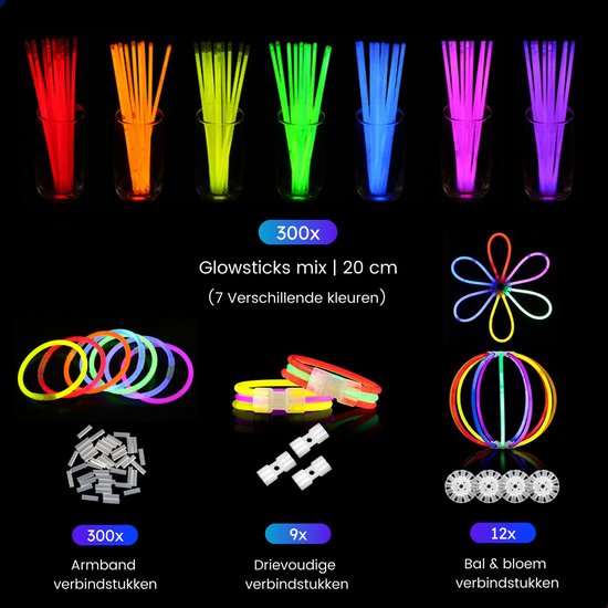 Partizzle 300 stuks Glow in the Dark Sticks - Extra Dik - Incl. Glowsticks Connectors - Breekstaafjes - Neon Carnaval Party Artikelen - Verjaardag Nieuwjaar Feest Versiering - 7 Kleuren