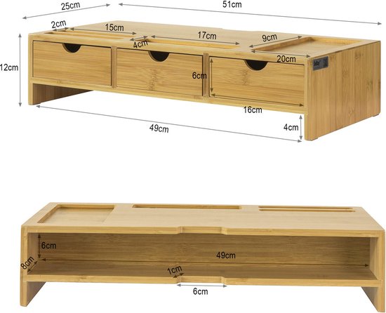 SoBuy BBF03-N Monitorstandaard Bureau-organizer met 3 Laden - Bamboe - 51x12x25cm