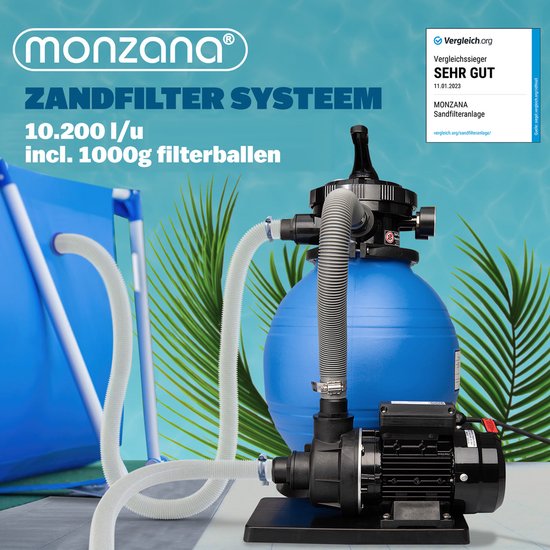 Monzana Zandfiltersysteem 10.200 l/h - 7 Wegklep Ø32-38mm Blauw