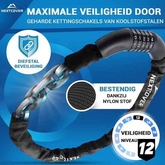 NEXTCOVER® Cijferslot Fietsslot - Het origineel - [SAFESECURE] Hoge veiligheid - Fietssloten met 5-cijferige cijfercode, cijferslot fiets staal - Fietsslot perfect voor e-bike - Kettingslot Zwart