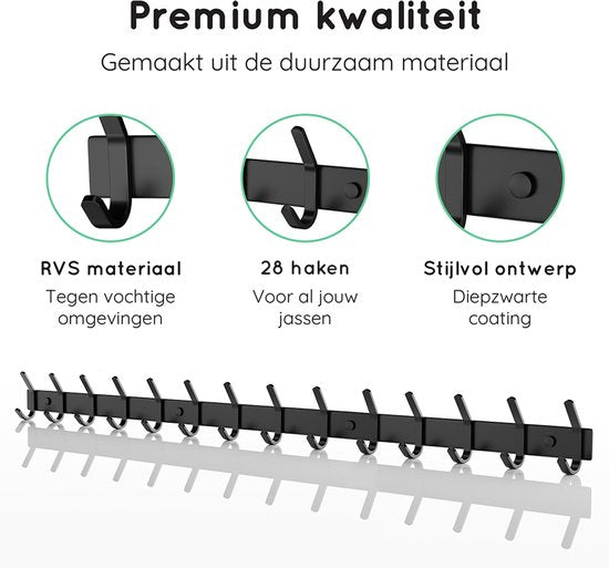 Volcan Wandkapstok - 28 Haken - Muur Kapstok Hangend met 3M Tape - Industrieel - Zwart RVS