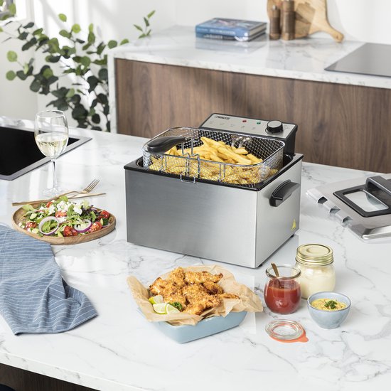 Princess Frituurpan 185000 – Grote friteuse - 1 grote en 2 kleine manden - 5 liter - 3270W - Kijkvenster - Koude zone - Anti reukfilter
