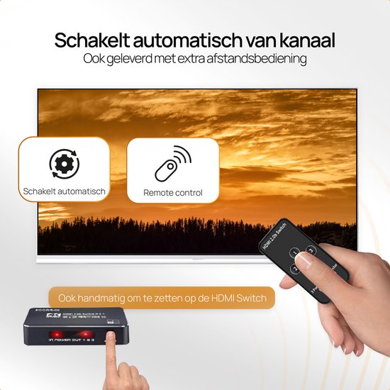 Drivv. HDMI Switch 4K 60Hz – 3 ingangen 1 uitgang - Incl Afstandsbediening - Automatisch Schakelen - 780/1080p/4K - Zwart