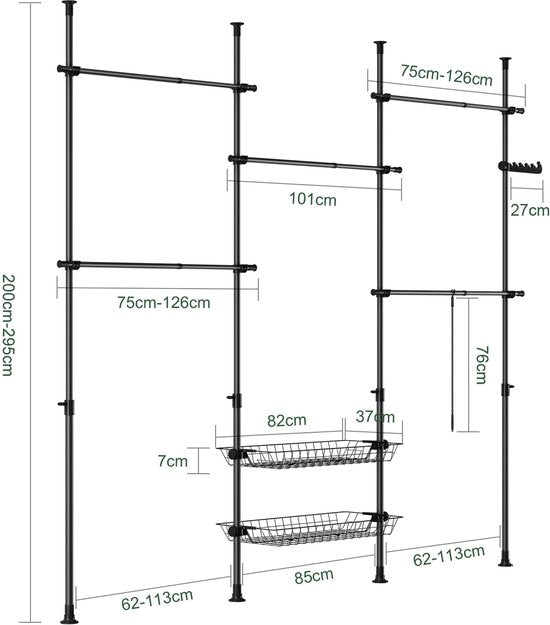 SoBuy Telescopisch Kledingrek – Verstelbare Open Garderobekast met Kledingstangen en Planken – Zwart, B(209–311) x H(200–295) cm, KLS04-II-SCH – voor Slaapkamer, Inloopkast