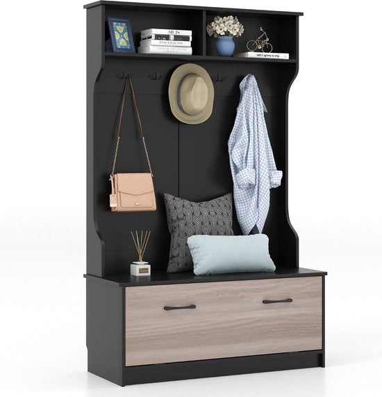 pstok met Zitbank – 5 Dubbele Haken – Met Open Vakken & Schoenenkast – Zwart – 100 x 40 x 160 cm