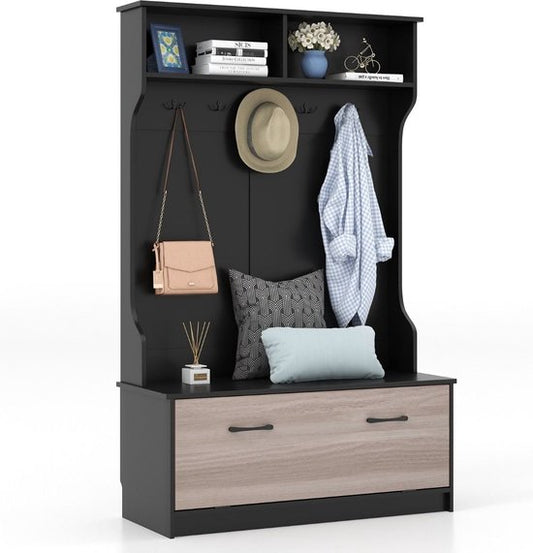 pstok met Zitbank – 5 Dubbele Haken – Met Open Vakken & Schoenenkast – Zwart – 100 x 40 x 160 cm