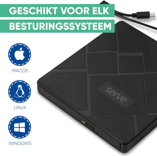Serve 4-in-1 Externe CD / DVD Speler & Brander voor PC, Laptop & Mac iOS - Plug & Play - SD & Micro SD Kaartsleuf + USB Hub