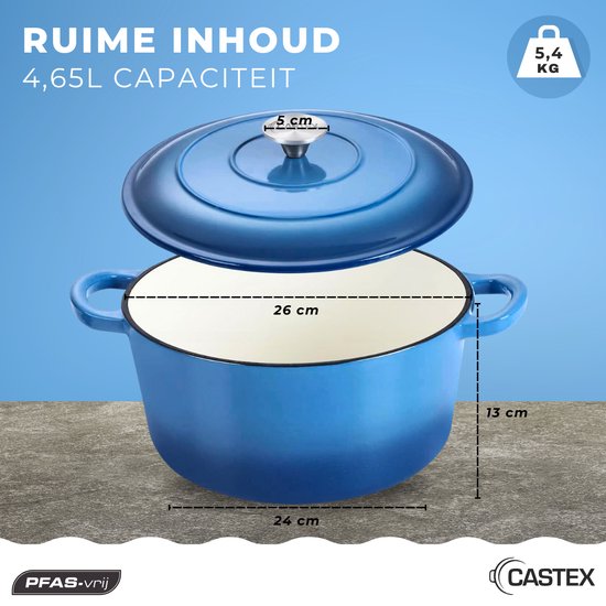 Castex Elegance Royal Gietijzeren Braadpan met Deksel 26 cm - Inductie Pan - Braadpannen Gietijzer - Blue