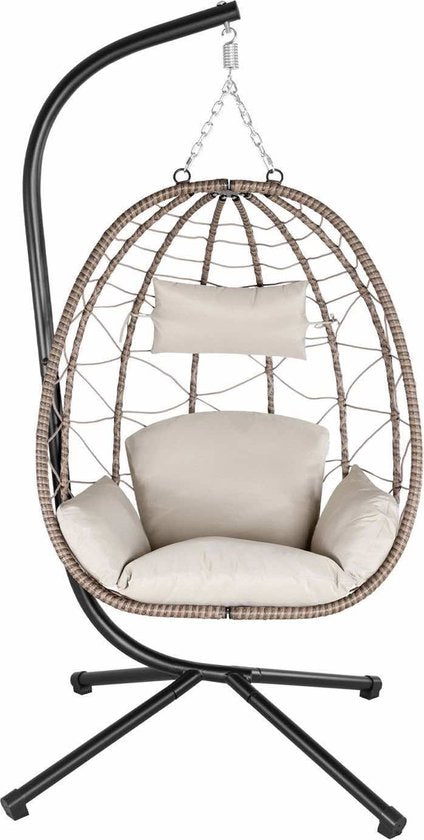 Juskys – Aria Hangstoel Met Standaard – 95 x 95 x 196 cm – Voorzien Van Comfortabele Kussens En In Hoogte Verstelbare Ketting – Voor Woonkamer En Terras – Beige Polyrattan En IJzer