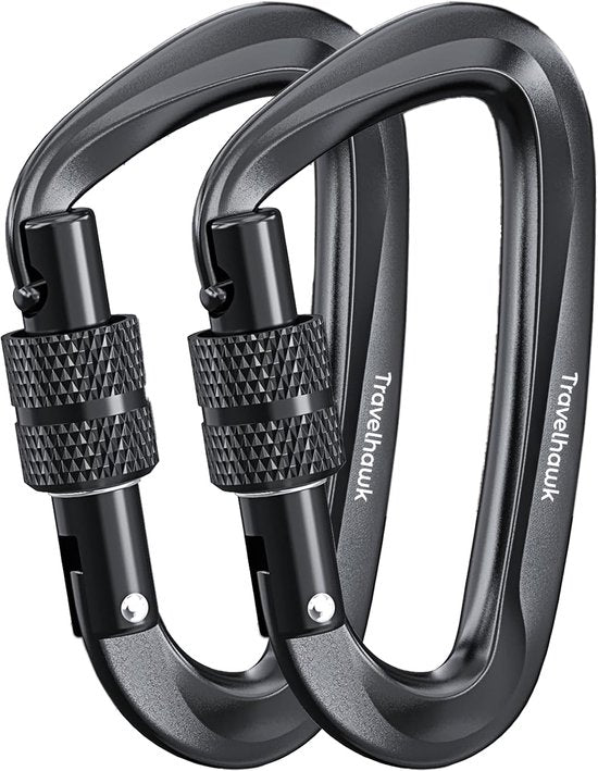 Travelhawk Karabijnhaak - Musketonhaak met Schroefsluiting - Karabijnhaak Sleutelhanger - Aluminium - Zwart