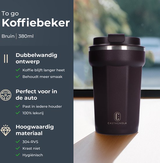 Castagnola Thermosbeker - Koffiebeker To Go - Travel Mug voor Koffie en Thee - Theebeker - 380 ML - RVS - Bruin - Octagon
